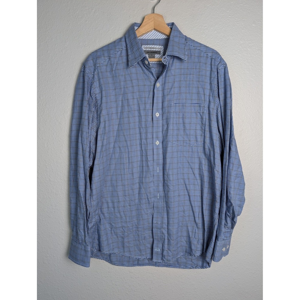 Johnston & Murphy Shirt Mens Medium Blue Houndstooth‎ Long Sleeve Button Up